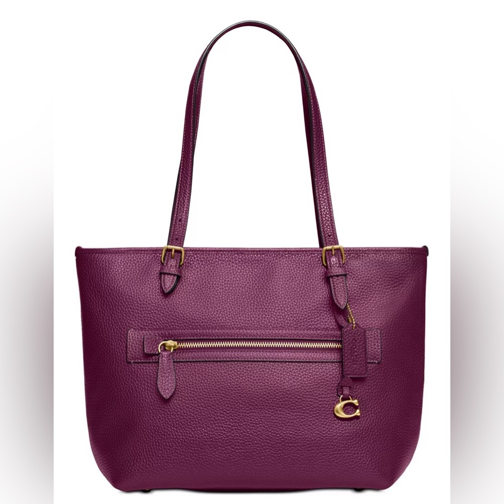 Deep Berry Coach Polished Pebble Leather Taylor Tote with C Dangle Charm